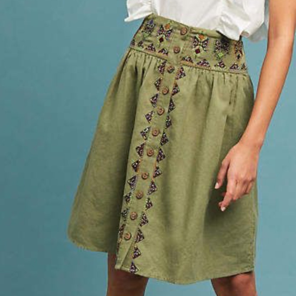 Anthropologie Maeve Green Embroidered A-Line Skirt